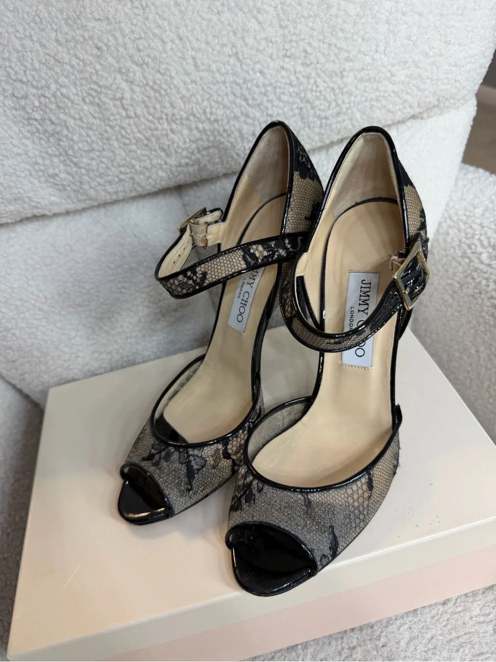 Jimmy Choo Black Lace Peep-Toe Heel with Ankle Strap size EU 38.5